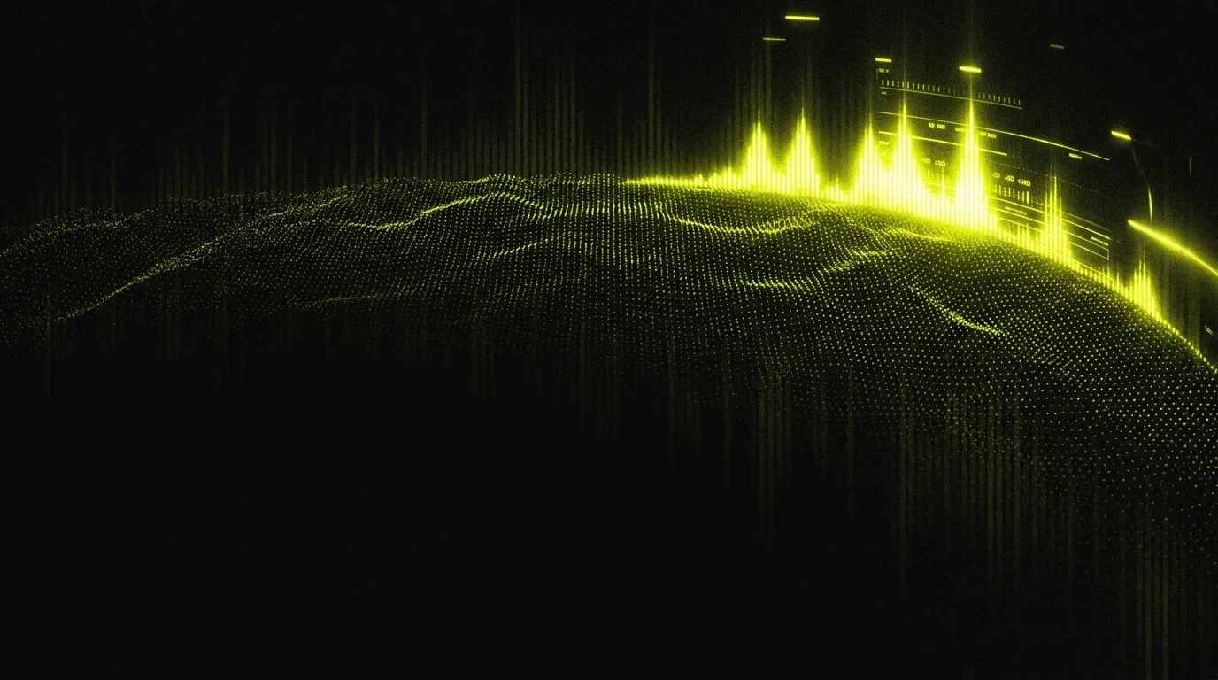 Abstrakte dunkle Audio-Wellenform aus leuchtend gelben Partikeln